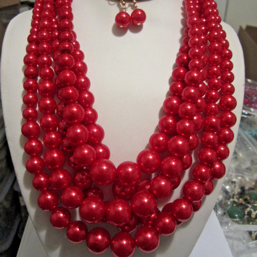 Five Layers Red Faux Pearl Necklace Earring